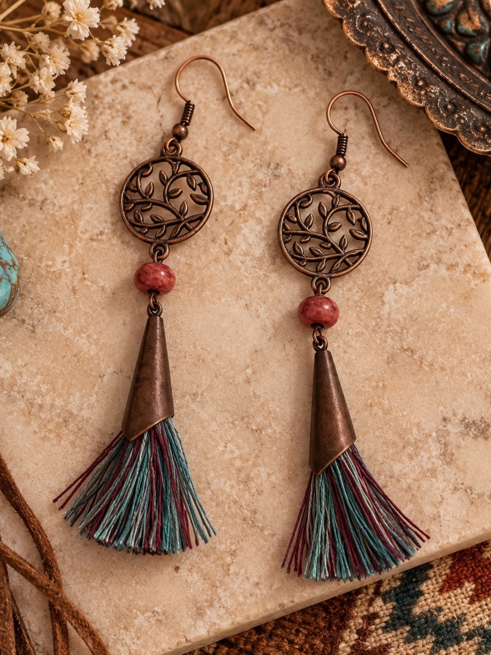 Boho Western Copper Tree of Life Tassel Drop Earrings with Teal & Burgundy New